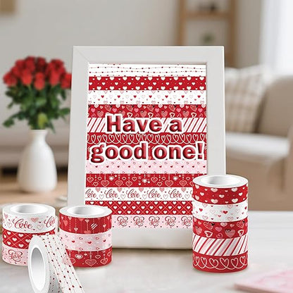 12 Rolls Love Heart Washi Tape Set, Red Stripe Checked Masking Tapes, Red Heart Decorative Tape for Journaling Supplies, Wedding Party, Junk Journal, Scrapbooking, Planner, DIY Arts Crafts 16.4FT