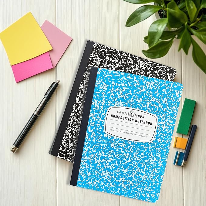 PARTH iMPEX 12 Pack Bulk Composition Notebooks Wide Ruled, 200 Pages (100 Sheets), 9-3/4 x 7-1/2, Hard Cover Wide Ruled Notebooks in 6 Assorted Colors, Composition Notebook For School College Office