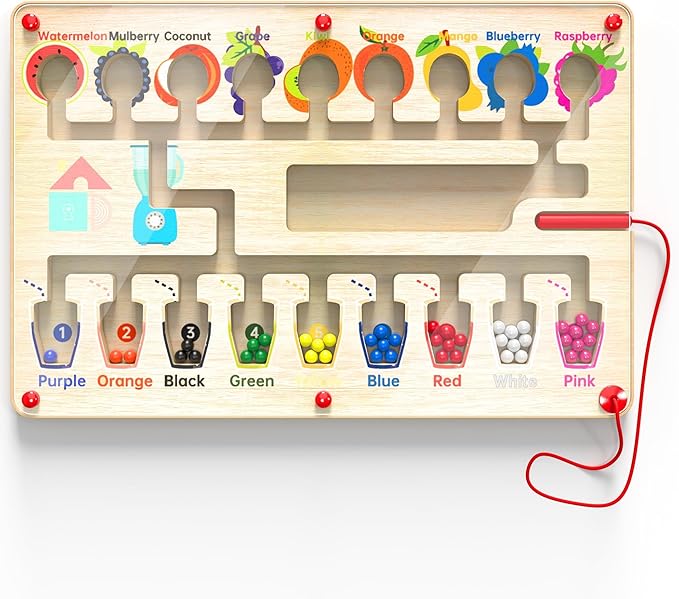 Magnetic Maze Board for Kids Age 3-5, Montessori Educational Wooden for All Toddlers 3 Busy Board, Preschool Learning Adventure, Fine Motor Skills, Fruits Colors Puzzle, Autism-Friendly Toy