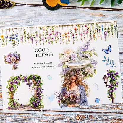 Wisteria Garden PET Tape Set, 3 Rolls of Pre-Cut Floral Vine Stickers for Scrapbooking, Journaling, DIY Crafts, and Collage Decoration (30mm/50mm/55mm)