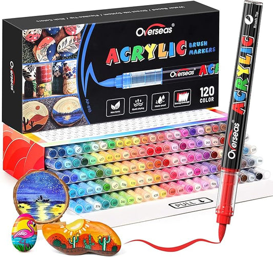 Overseas Acrylic Paint Markers 120 Colors, Brush Tip Paint Pens with Automatic Ink Control System, Quick Drying Liquid Ink Acrylic Marker for Rock, Wood, Canvas, Glass, Fabric, Metal, Plastic, Rubber