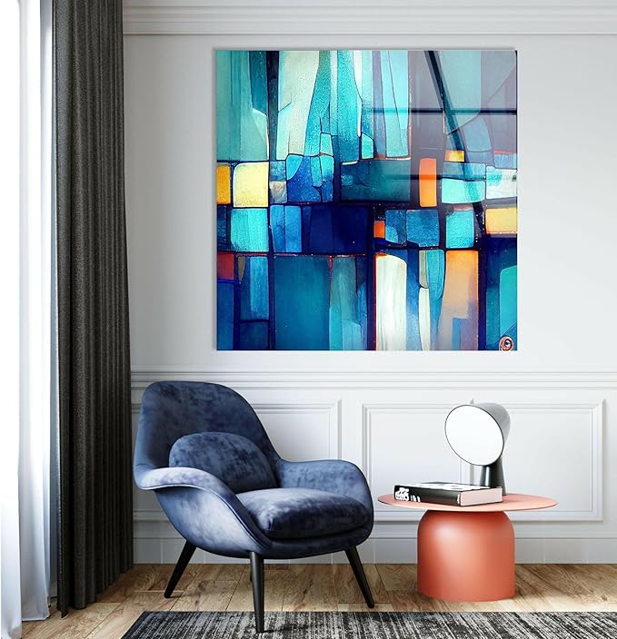 My Photostation.com 30Wx24H'' Blue Vibrant Stained Glass Wall ArtTempered Glass Printing Wall Decor Large Wall Art Wall Hangings