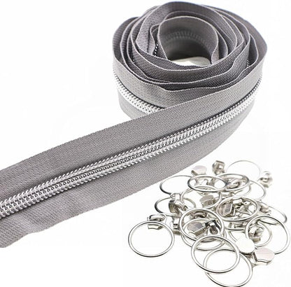 Leekayer #5 Silver Metallic Nylon Coil Zippers by The Yard Bulk 10 Yards Gray Zipper Tape with 25pcs Silver Ring Pull Zipper Sliders for DIY Sewing Tailor Craft Bag(Gray)
