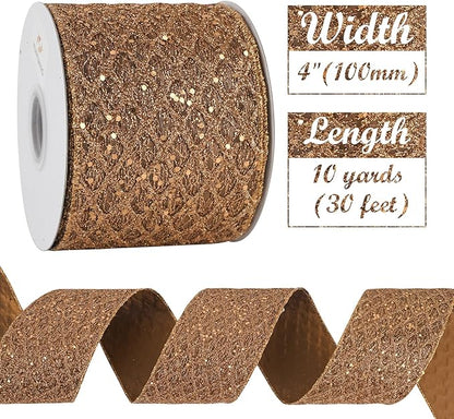 HUIHUANG Copper Wired Ribbon 4 inch Glitter Christmas Wired Ribbon Diamond Mesh Wire Ribbon for X-mas Tree Decorations, Wreaths, Garland, Large Bows Making, Thanksgiving Fall Decor -10 Yards