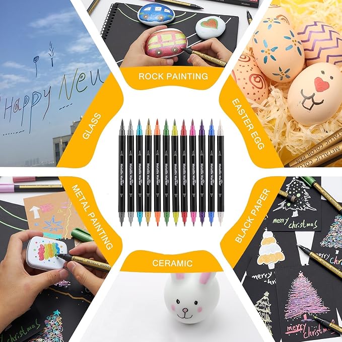 Colourcolor Pack of 12 Metallic Marker Pens - Dual Tip Brush & Fine Point Pens for DIY Album, Black Cards, Rock Painting, Card Making, Scrapbooking, Fabric, Metal, Ceramics, Wine Glass