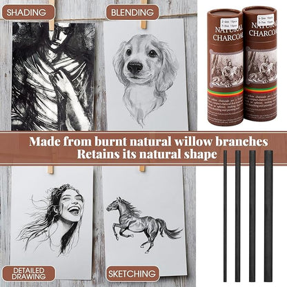 Gueevin 60 Pcs Willow Charcoal Sticks, Willow Charcoal, Artists, Beginners, Students, Perfect for Sketching, Drawing, Shading, and Fine Art Christmas Gifts for Art (2-4mm，4-5mm，5-7mm，7-9mm)