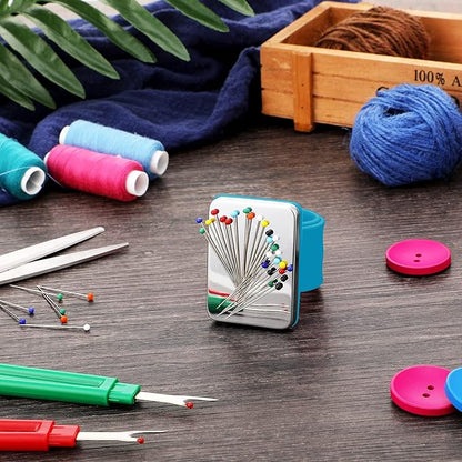 WILLBOND Magnetic Wrist Sewing Pincushion Wrist Magnetic Pin Holder Wristband Pin Cushion Holder with 3 Pcs Stainless Steel Pintail Comb Rat Tail Comb for Hair Clips Hand Sewing(Dark Blue)