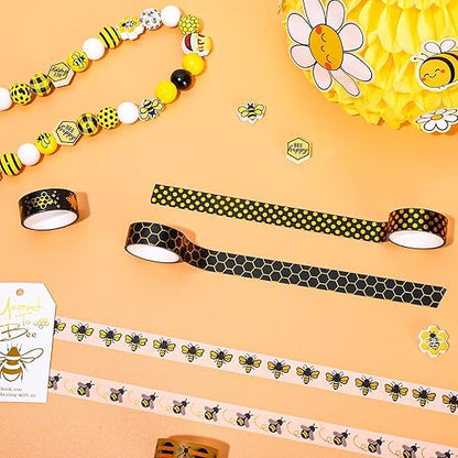 Whaline 12 Rolls Bee Washi Tape Foil Gold Honey Bee Washi Masking Tape 15mm Wide Bumblebee Honeycomb Daisy Print Decorative Adhesive Masking Tape for Scrapbook Gift Wrapping DIY Art Crafts