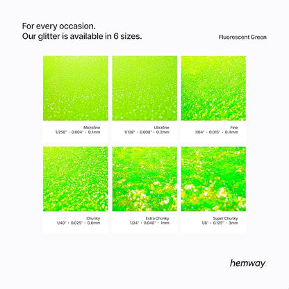 Hemway Polyurethane & Epoxy Resin Glitter 100g / 3.5oz Metallic Crystal Flake Additive for Flooring Jewelry Tumblers Glass Pigment - Chunky (1/40" 0.025" 0.6mm) - Fluorescent Green
