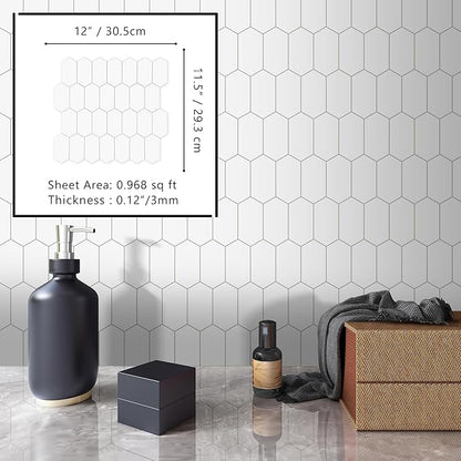 The Tiles Plaza 10-Sheet Peel and Stick Backsplash, White Long Hexagon Self Adhesive Wall Tile, Stone Composite Stick On Decorative Mosaic Tile for Kitchen Bathroom Fireplace