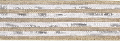 MEEDEE Burlap Wired Ribbon with White Stripe - 2.5 Inch Wired Ribbon for Cakes, Gift Baskets, Wreaths, Rustic Decor, Baby Showers, Beach, Farmhouse, 10 Yards