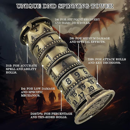 DND Dice Spinner Tower Set - Unique D4 D6 D8 D10 D10% D12 D20 All in One D&D Metal Dice - Cool Role Playing Gifts for Dungeons and Dragons TRPG MTG Games Lover Player (Tower-Ancient Bronze)