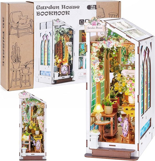 Book Nook Kits for Adults, Miniature House 3D Puzzle Kit for Teens, DIY Crafts for Adults, Bookshelf Decor Garden House with LED Light, Gifts for Family and Friends