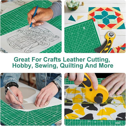 Headley Tools 17"x17" Rotating Cutting Mat, Self Healing Mat with 360-Degree Rotation & Anti-Slip Base, Sewing Board Cutting Mat Perfect for Fabric Quilting Leather Hobby Project, Green