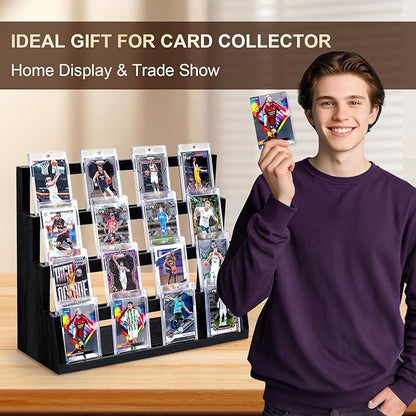 Emfogo Card Display Stand, 4-Tier Trading Card Display, Wooden Graded Baseball Sports Card Display, Trading Card Display Case for Card Collection & Show (Black)
