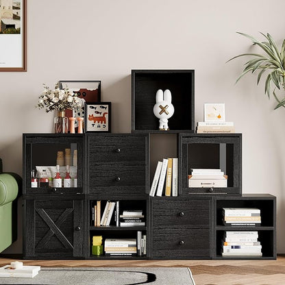 FUSUNBAO Magic DIY Cube Storage Organizer Stackable Cubes for Home Books Clothes Toy-Modular Cubby Storage System-Office Cubical-Bookcase Closet (Black, Door Cube)
