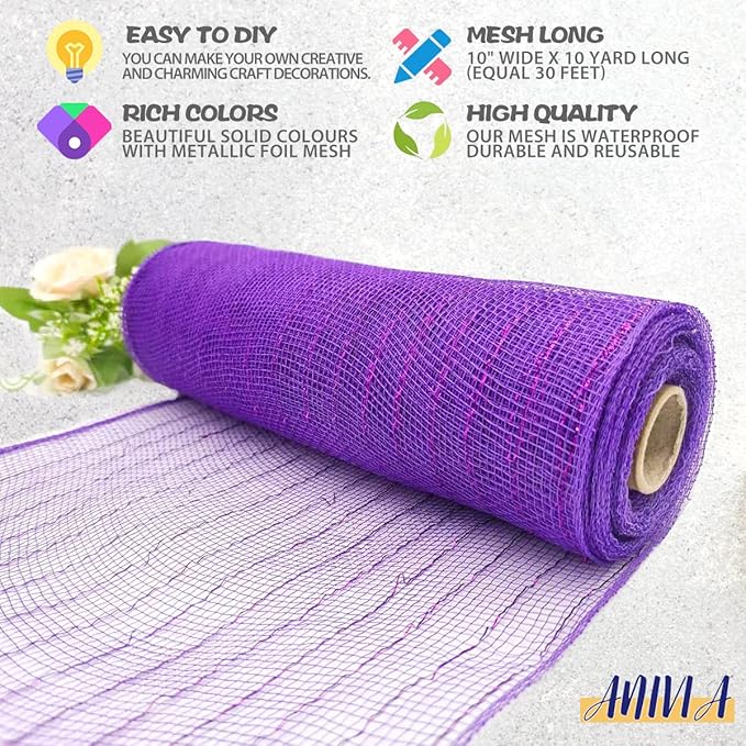 Anivia Deco Mesh Ribbon, 10inch x 30 Feet Each Roll Metallic Foil Mesh Ribbon for Wreaths Swags, Holloween, and Christmas Tree Decoration (Purple/Purple Foil)