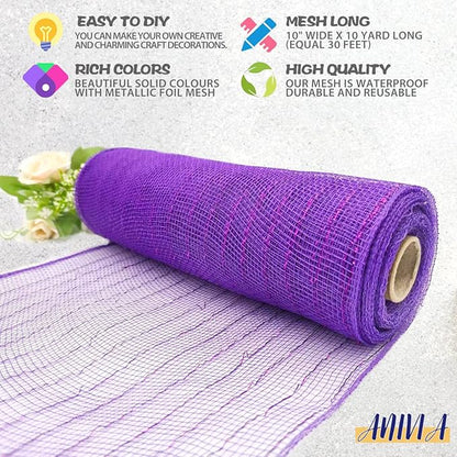 Anivia Deco Mesh Ribbon, 10inch x 30 Feet Each Roll Metallic Foil Mesh Ribbon for Wreaths Swags, Holloween, and Christmas Tree Decoration (Purple/Purple Foil)