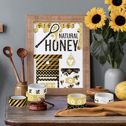 Whaline 12 Rolls Bee Washi Tape Foil Gold Honey Bee Washi Masking Tape 15mm Wide Bumblebee Honeycomb Daisy Print Decorative Adhesive Masking Tape for Scrapbook Gift Wrapping DIY Art Crafts