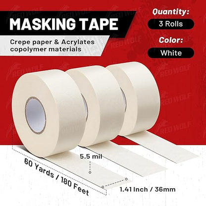 RED WOLF 1.41" x 60 Yards Masking Tape 3 Pack, General Purpose for Painting Arts Crafts Label Car Painting, Sharp Paint Line No Residue Painters Tape White Beige Crepe Paper Tape Heat Resistance
