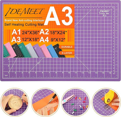 Thickened 18"x12" Self Healing Cutting Mat, Idemeet Rotary Cutting Sewing Mat for Crafts, 5-Ply Blade Table Protector Cut Board for Fabric Leather Cutting Quilting Modeling Hobby Project, A3, Purple