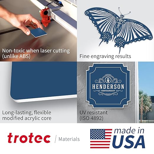 Trotec TroLase | 12"x12"x1/8", 8 Pcs | Blue/White | 2 Ply | Modified Acrylic | Laser Engraving Double Color Plastic Sheet | Engraving Blanks for Laser, Saw, Guillotine | Made in USA