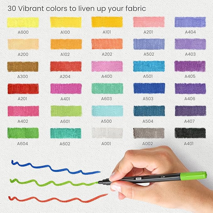 ARTEZA Fabric Markers, Set of 30, Colored Permanent Textile Markers, Dual-Tip Pens for Coloring T-Shirts, Jeans, Jackets, Backpacks