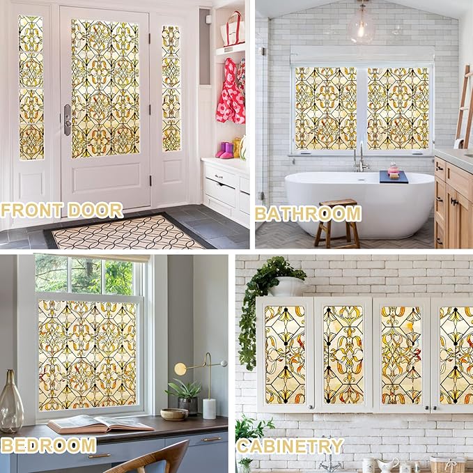 3D Stained Glass Window Privacy Film, Heat Control UV Blocking Static Cling Decorative Window Film for Bathroom,Front Door,Home Non Adhesive,GiltGaze 16.9 x 39.3 inches