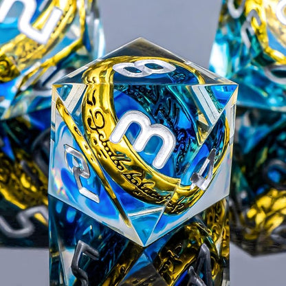 OUKELANWO Magic Lord Rings DND Dice Set with Box, 7Pcs Resin LOTR D&D Dice Set for Role Playing Game, Blue Dungeons Dragons D and D Sharp Edge Dice D20 D12 D10 D8 D6 D4