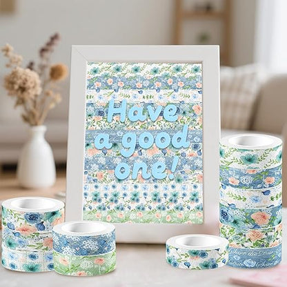 12 Rolls Floral Washi Tape, Blue Rose Flower Masking Tape, Vintage Blue Pink Floral Decorative Tapes for DIY Craft Scrapbook Journals Envelope Thanksgiving Christmas Party Decor Gift Wrapping 16.4FT