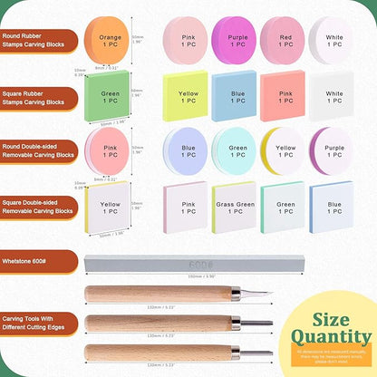 Keadic 24 Pieces Block Printing Starter Tool Kit, Rubber Stamps Making Set with Round & Square Rubber Carving Blocks, Linoleum Cutter Tools & Grindstone for Stamp Carving and Printmaking