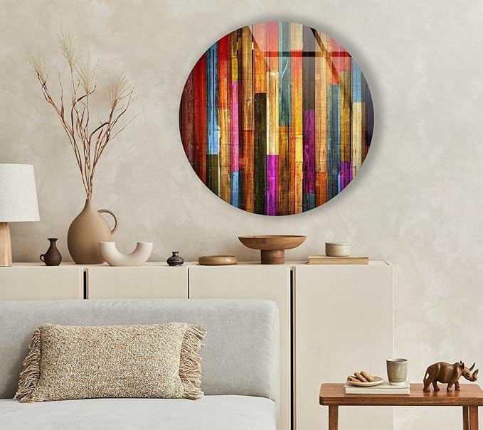 My Photostation.com 31.5''(80cm) Diameter Colorful Wood Pattern Round Glass Wall Art Tempered Glass Printing Wall Decor Large Wall Art Wall Hangings