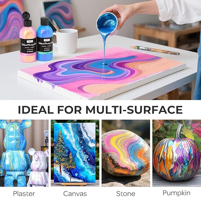 Nicpro 20 Colors Iridescent Metallic Acrylic Pour Paint Supplies Kit, 8.45oz Large Ready to Pour Premixed High Flow Pouring Paint Set with Silicone Pouring Oil, Gloves, Instructions for Beginner DIY