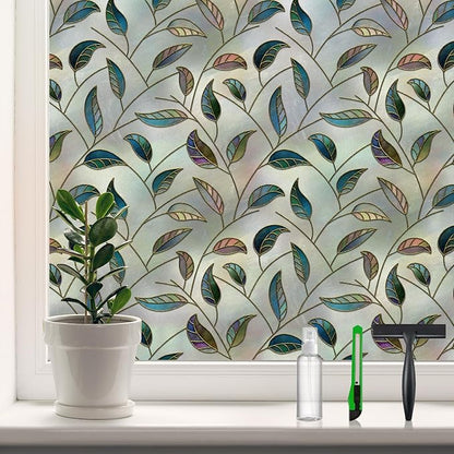DKTIE Static Cling Decorative Window Film Vinyl Non Adhesive Privacy Film with Installation Kit, Multilayer UV Inkjet Technology, 3D Thickened Stained Film, Vintage Leaf Pattern, 17.7 x 78.7 Inches