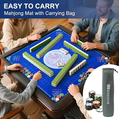 2025 Mahjong Mat, 31.5" x 31.5" Neoprene Mahjong Table Mat with Rules, Anti Slip & Noise Reduction Gaming Mat for Poker, Card, Dominoes, Board & Tile Games, Mahjong Gift with Carrying Bag - Blue
