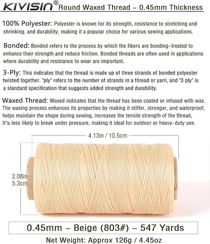 Thin Wax Polyester Thread, 0.45mm, 547 Yards, 3 Ply Round Waxed Cord Strings for Sewing, Beading, Binding, Micro Braiding, Fine Leather Craft and Micro Macrame Jewelry - Beige
