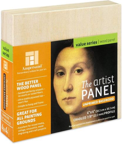 Ampersand Art Supply Unprimed Basswood Artist Panel, 7/8" Cradled Profile 4"x4"