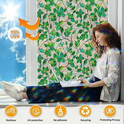 Window Privacy Film Stain Glass Window Film Rainbow Window Film Window clings Non-Adhesive Reusable Decorative for Room (Greenery Leaf, 35.4 x 157.4 in)