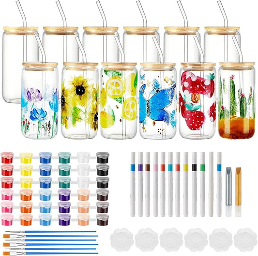 WJXCYGG 6 Sets Paint Your Own Wine Glass Paint Set 6 Wine Glass 2 Glass Paint Outliner 12 Markers 36 Glass Painting Acrylic Paint Strips 12 Brushes 6 Palette for Adults Lady Night (Drinking Cup)