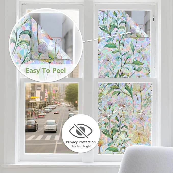 FINNEZ Window Privacy Film Stain Glass Film Flowers Rainbow Window Film Window Clings Non-Adhesive Reusable Decorative for Home（Forest Rainbow，35.4 Inch x 6.5 Feet）