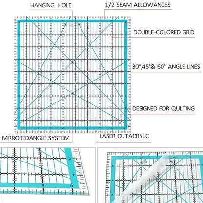 Quilting Rulers, Acrylic Quilt Ruler,4 Square Fabric Cutting Ruler (4.5""X4.5"", 6""X6"", 9.5""X9.5"", 12.5""X12.5""), Quilting Templates with Non Slip Rings. (Blue)