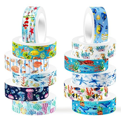 12 Rolls Blue Ocean Washi Tape, Underwater World Masking Tapes, Sea Animal Cartoon Decorative Tape for Arts, DIY Crafts, Journals, Planners, Scrapbook, Wrapping 16.4FT