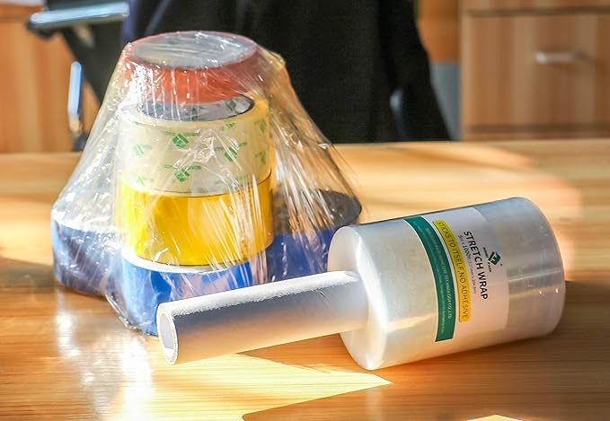 BOMEI PACK Industrial Mini Clear Stretch Wrap with Handle 5" 1000ft 80 Gauge for Pallet Wrap, Durable Self-Adhering Plastic Wrap for Packing, Moving, Heavy Duty (3)