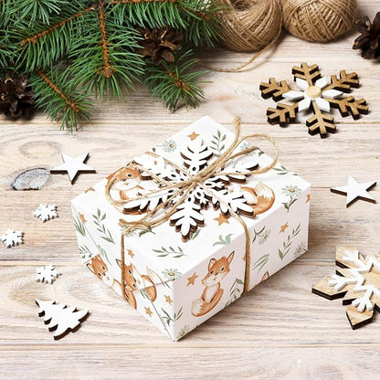 WRAPLULU Fox Wrapping Paper - 4 Jumbo Sheets, 28 * 40 Inches - Woodland Christmas Gift Wrap with Stars Floral and Leave, Perfect for Xmas, Birthdays, Baby Showers, Weddings