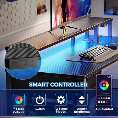 SUPERJARE 53 inch Reversible L Shaped Desk with LED Lights & Power Outlets, Computer Desk with Shelves & Monitor Stand, Gaming Desk with Drawer, Home Office Desk Corner Desk, Carbon Fiber Black