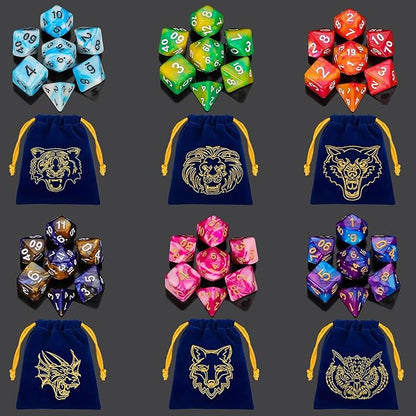 QMay DND Dice - 42pcs Polyhedral Dice, 6 Set Complete Double-Colors D&D Dice Sets with 6 Blue Drawstring Bags for Dungeons and Dragons RPG MTG Table Games
