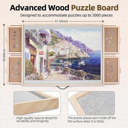 ALL4JIG 2000 Pieces Rotating Puzzle Board with 4 Drawers & Lazy Susan, 40.1" × 28.5" Wooden Jigsaw Puzzle Table with Cover, Portable Puzzle Board