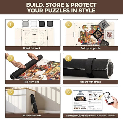 ropoda 1500 Pieces 46" x 26 "Puzzle Mat Roll Up, Puzzle Saver with 4 Large Sorting Trays & Travel Storage Bag, Portable Rollup Puzzles Keeper (White)