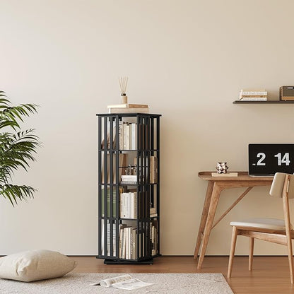 YOWOS Rotating Bookshelf Tower, 360 Display Spinning Bookcase, Bamboo Bookshelf Floor Standing Storage Rack, Wood Narrow Book Shelf Organizer for Kids&Adults (Black, 4 Tier)