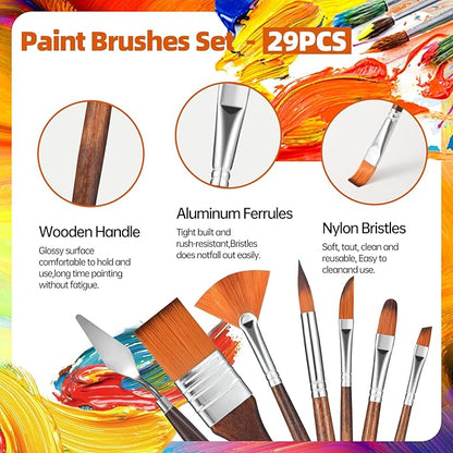 29 pcs Paint Brush Set,GETHPEN Acrylic Paint Brushes,Artist Series with Wide Flat,Round, Filbert, Flat, Fan,Angle,Dagger,Cat Tongue,Detail Brush,Rigger for Oil,Acrylic Canvas Paintings,Face Painting